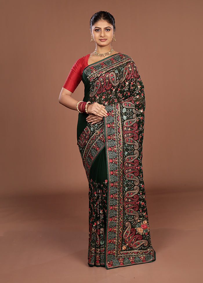 Green Handloom Chiffon Pure Silk Saree With Blouse Piece