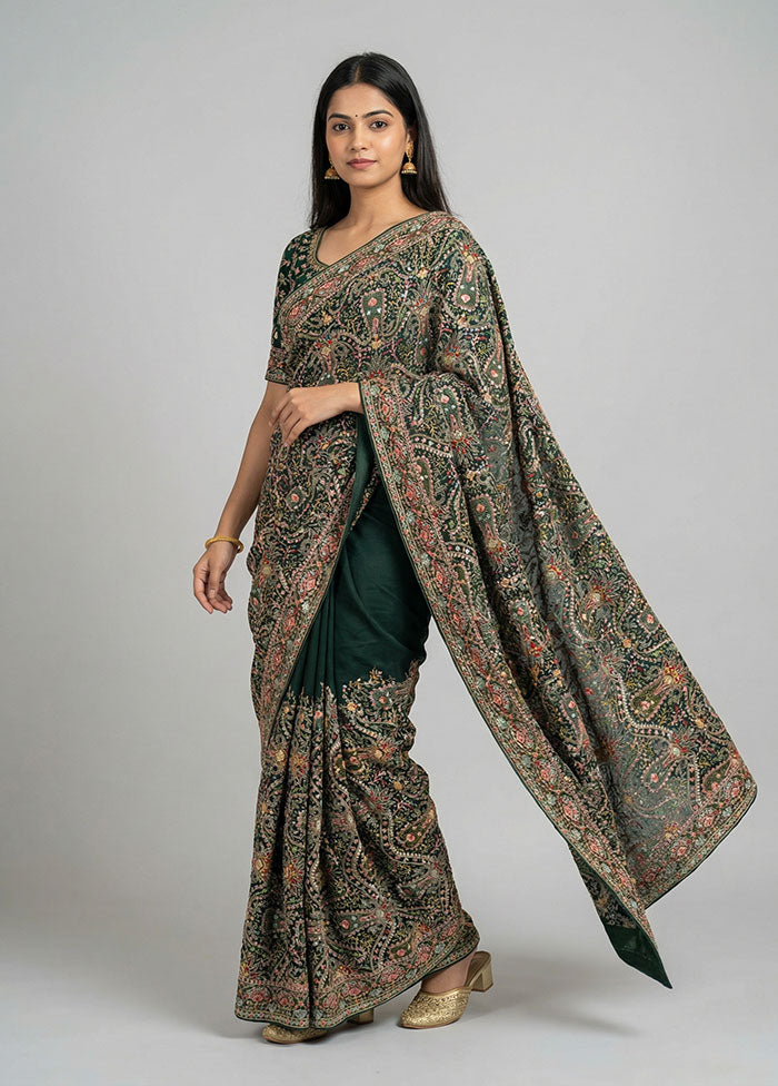 Green Handloom Chiffon Pure Silk Saree With Blouse Piece
