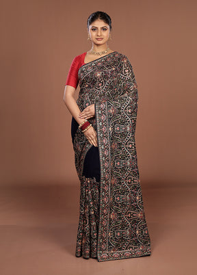 Blue Handloom Chiffon Pure Silk Saree With Blouse Piece