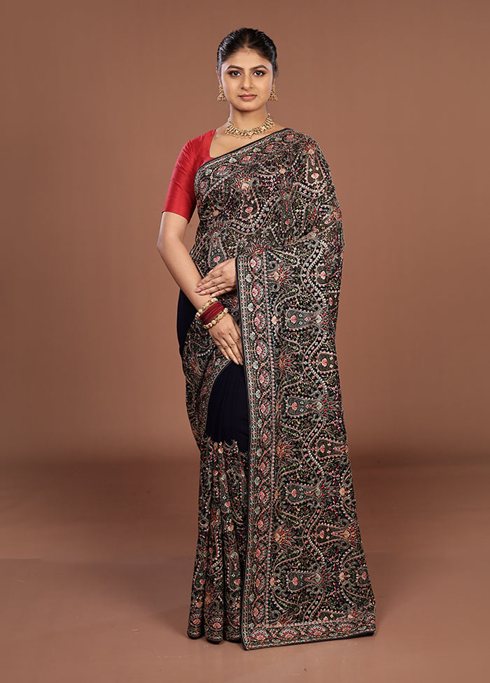 Blue Handloom Chiffon Pure Silk Saree With Blouse Piece