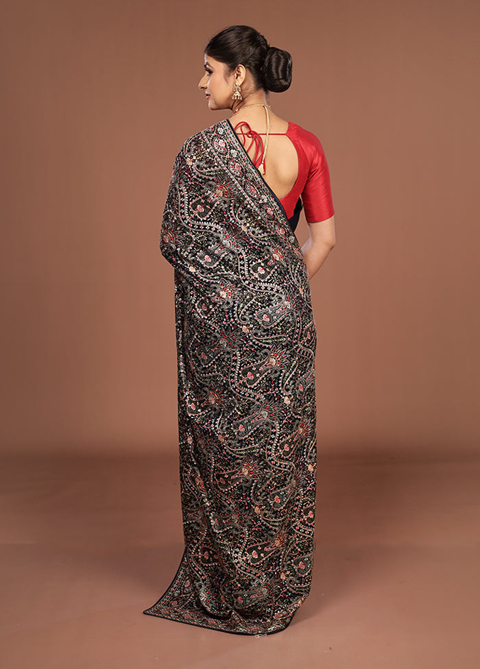 Blue Handloom Chiffon Pure Silk Saree With Blouse Piece