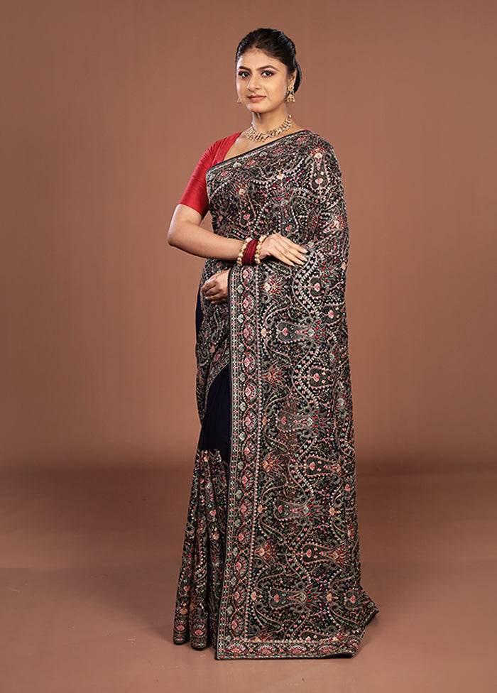 Blue Handloom Chiffon Pure Silk Saree With Blouse Piece