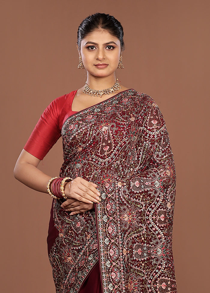 Maroon Handloom Chiffon Pure Silk Saree With Blouse Piece