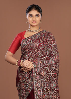 Maroon Handloom Chiffon Pure Silk Saree With Blouse Piece