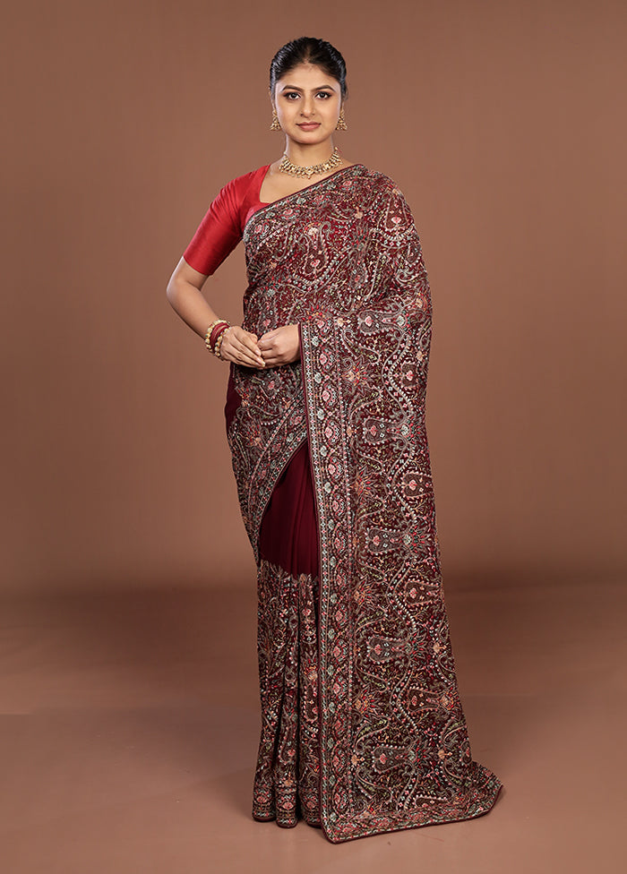 Maroon Handloom Chiffon Pure Silk Saree With Blouse Piece