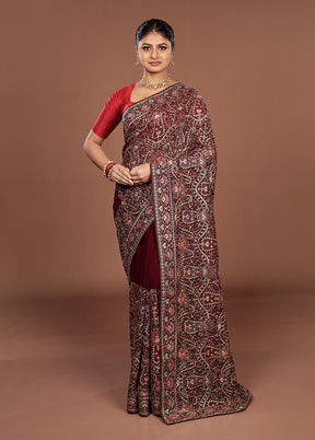 Maroon Handloom Chiffon Pure Silk Saree With Blouse Piece