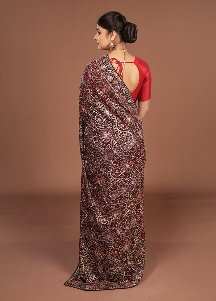 Maroon Handloom Chiffon Pure Silk Saree With Blouse Piece