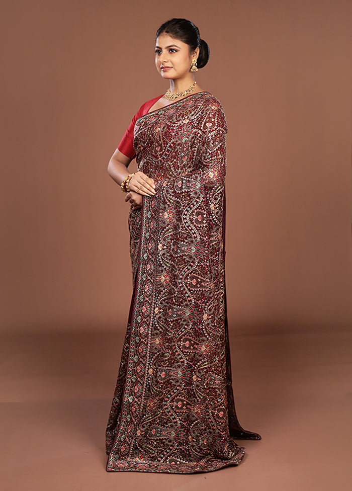 Maroon Handloom Chiffon Pure Silk Saree With Blouse Piece