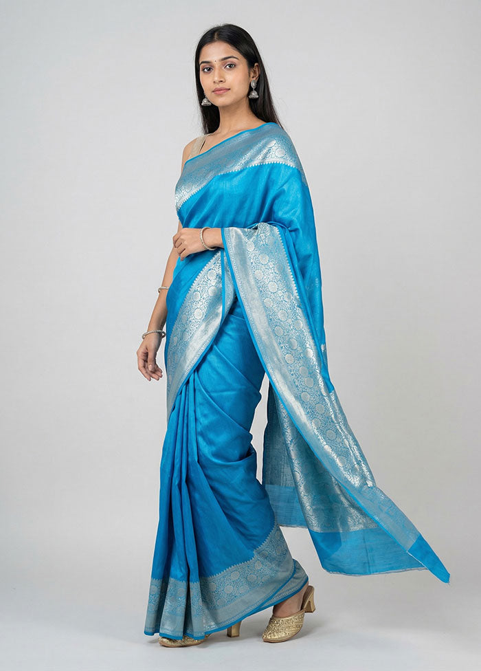 Blue Dupion Silk Saree With Blouse Piece