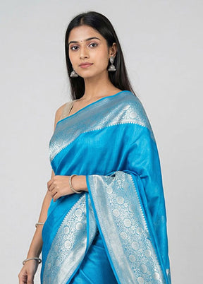 Blue Dupion Silk Saree With Blouse Piece
