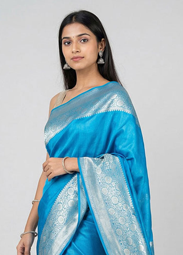 Blue Dupion Silk Saree With Blouse Piece