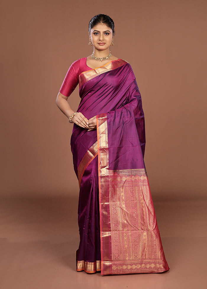 Purple Handloom Kanjivaram Pure Silk Saree With Blouse Piece