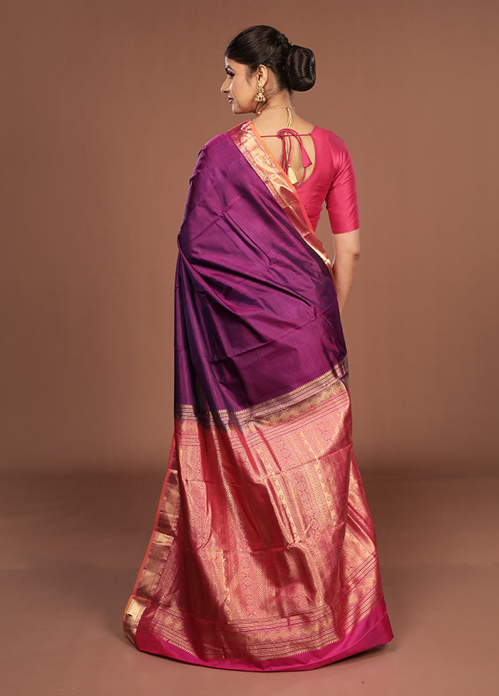 Purple Handloom Kanjivaram Pure Silk Saree With Blouse Piece