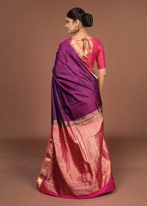 Purple Handloom Kanjivaram Pure Silk Saree With Blouse Piece