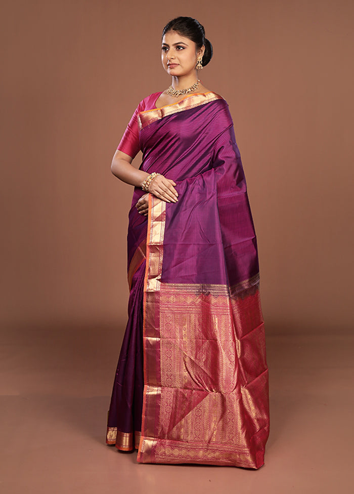 Purple Handloom Kanjivaram Pure Silk Saree With Blouse Piece