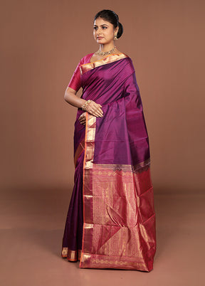 Purple Handloom Kanjivaram Pure Silk Saree With Blouse Piece