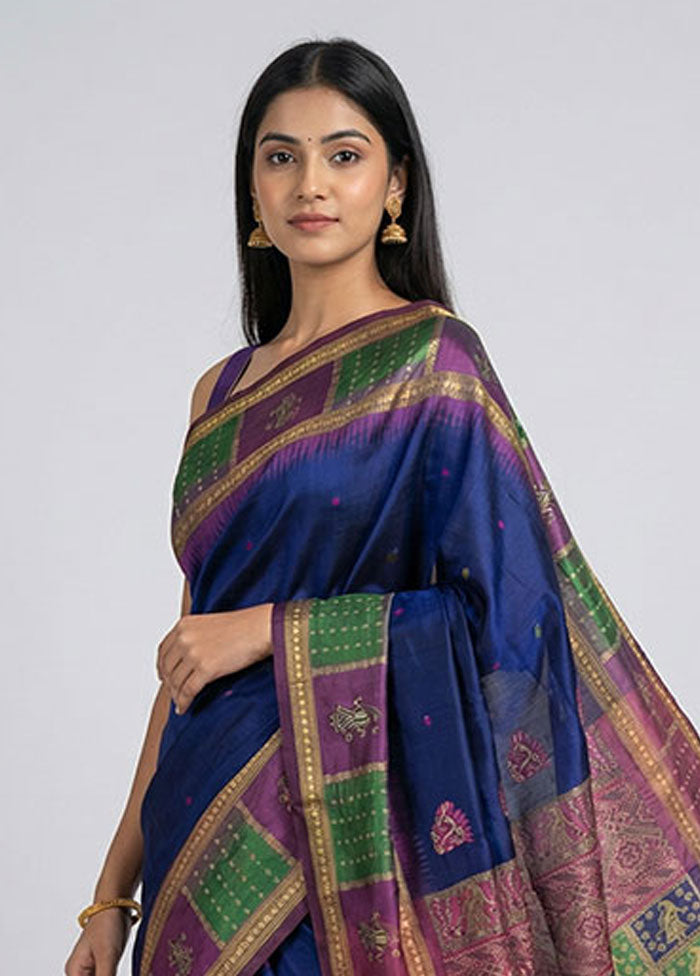 Blue Handloom Bomkai Pure Silk Saree With Blouse Piece