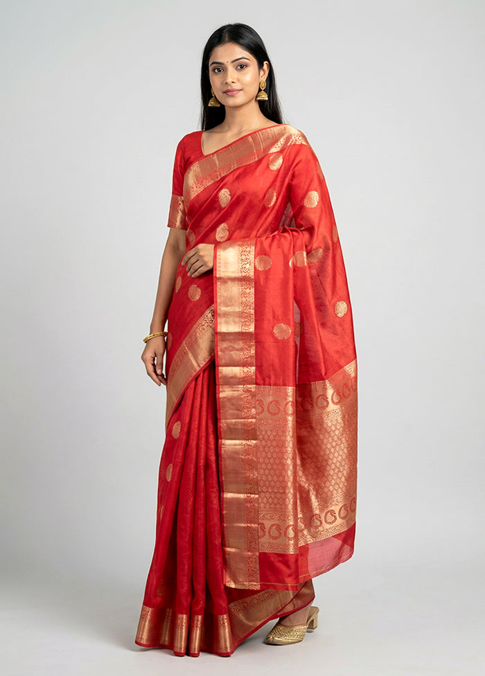 Red Handloom Kanchipuram Pure Silk Saree With Blouse Piece