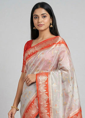 White Dupion Silk Saree With Blouse Piece