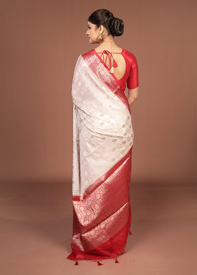 White Dupion Silk Saree With Blouse Piece