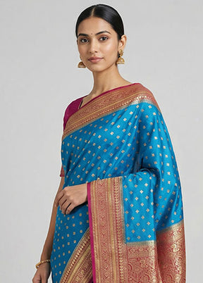Blue Dupion Silk Saree With Blouse Piece