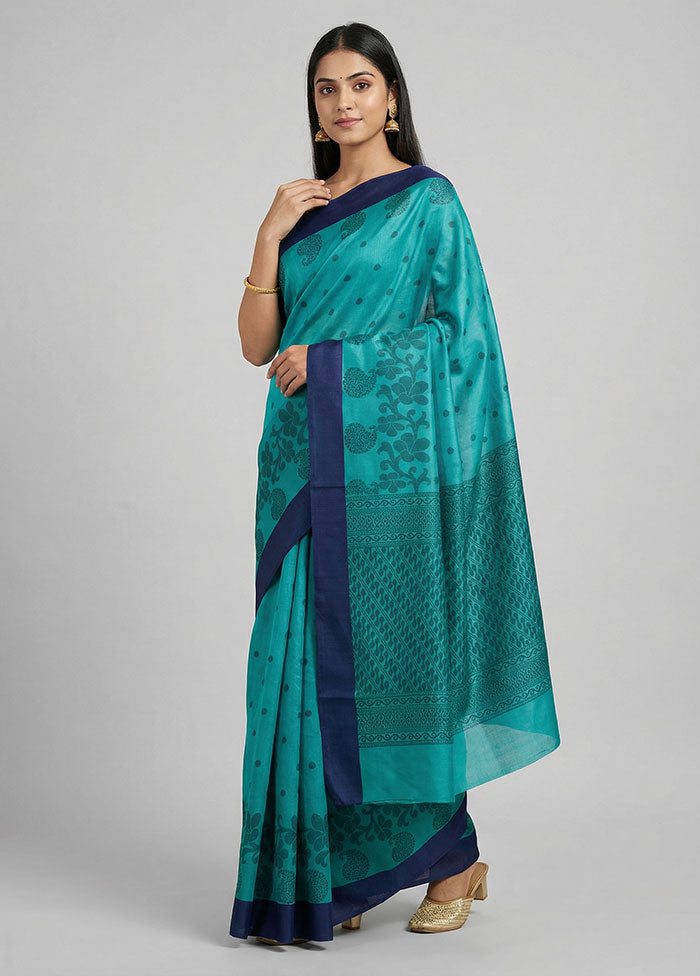 Blue Cotton Saree With Blouse Piece