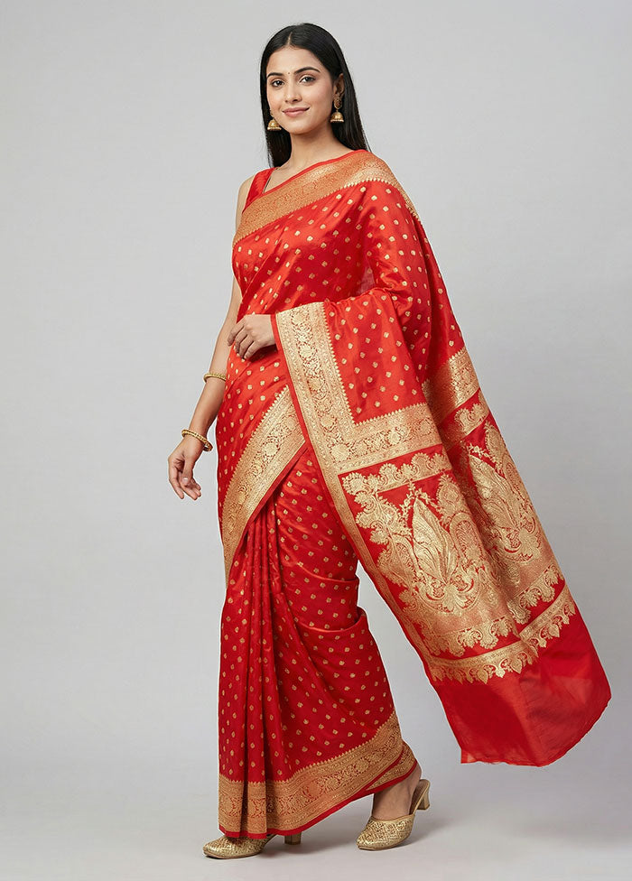 Red Banarasi Silk Saree With Blouse Piece