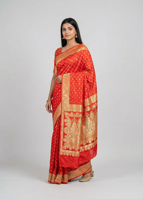 Orange Banarasi Silk Saree With Blouse Piece