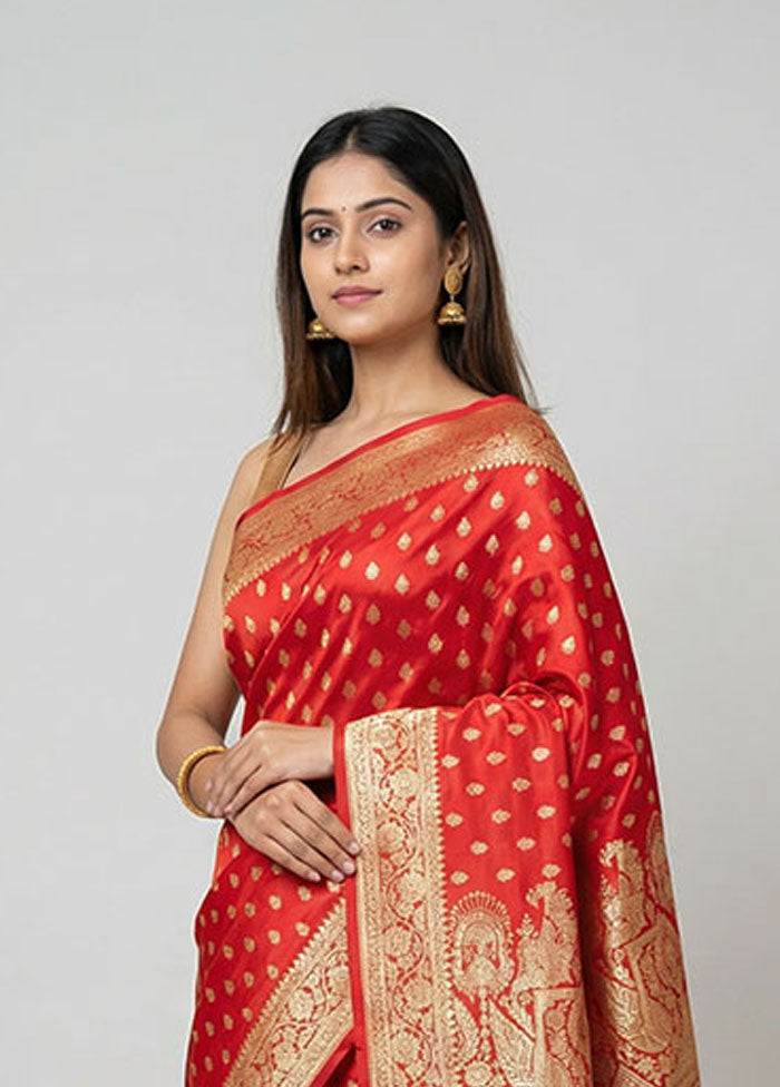 Red Banarasi Silk Saree With Blouse Piece