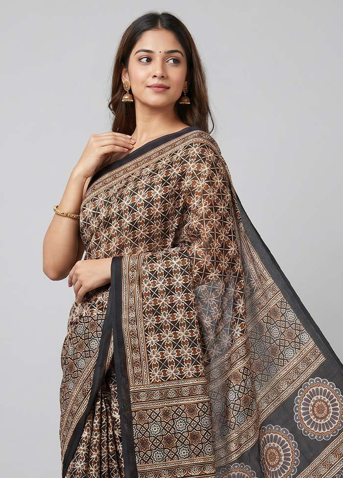 Black Printed Silk Saree Without Blouse Piece