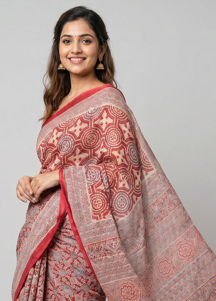 Red Printed Silk Saree Without Blouse Piece