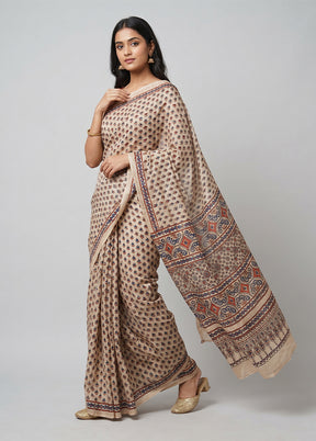 Cream Printed Silk Saree Without Blouse Piece