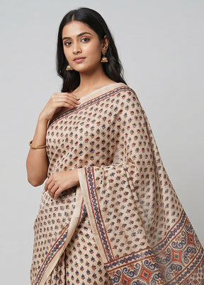 Cream Printed Silk Saree Without Blouse Piece