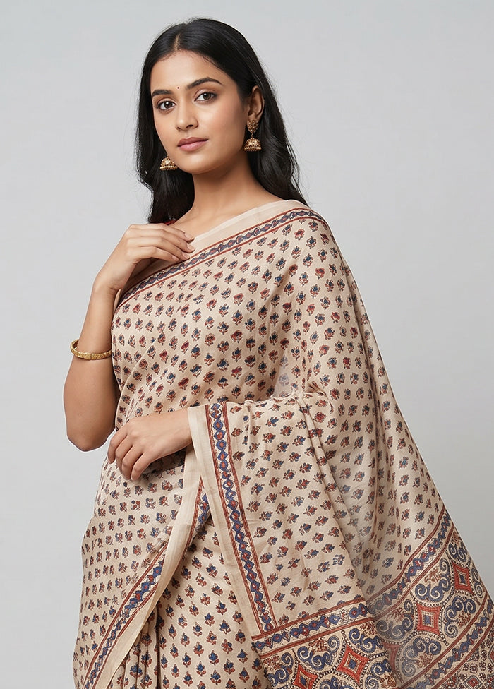 Cream Printed Silk Saree Without Blouse Piece