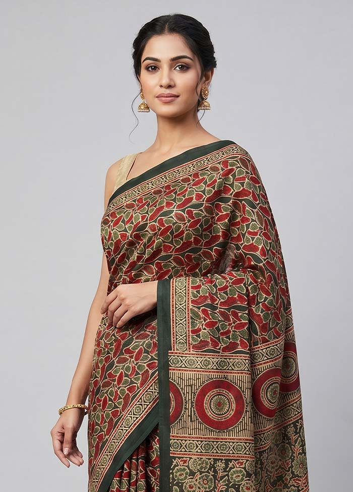 Green Printed Silk Saree Without Blouse Piece