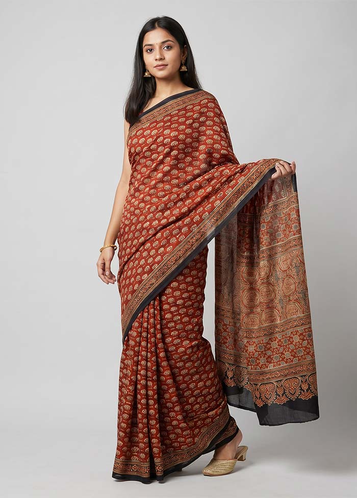 Rust Printed Silk Saree Without Blouse Piece