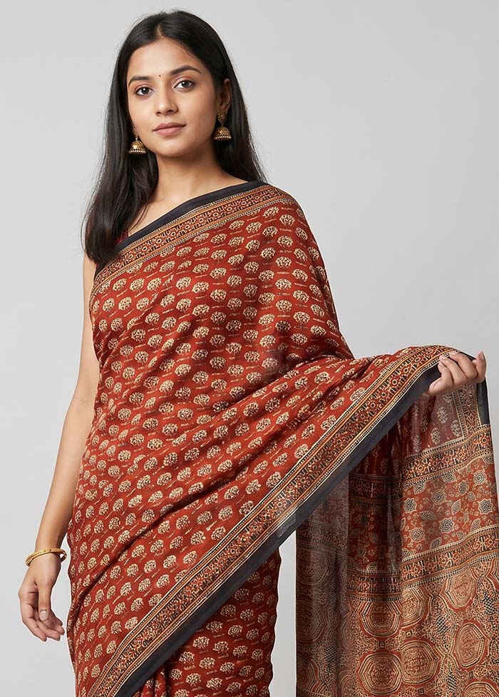 Rust Printed Silk Saree Without Blouse Piece