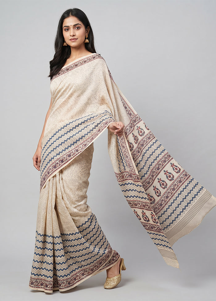 White Printed Silk Saree Without Blouse Piece