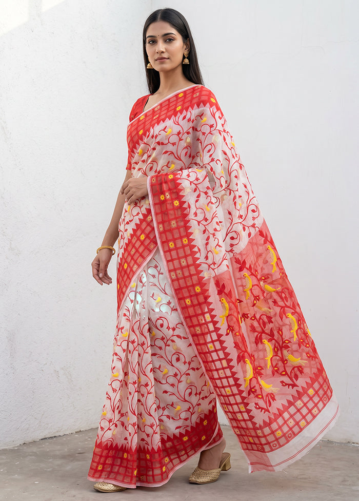Red Jamdani Cotton Saree Without Blouse Piece