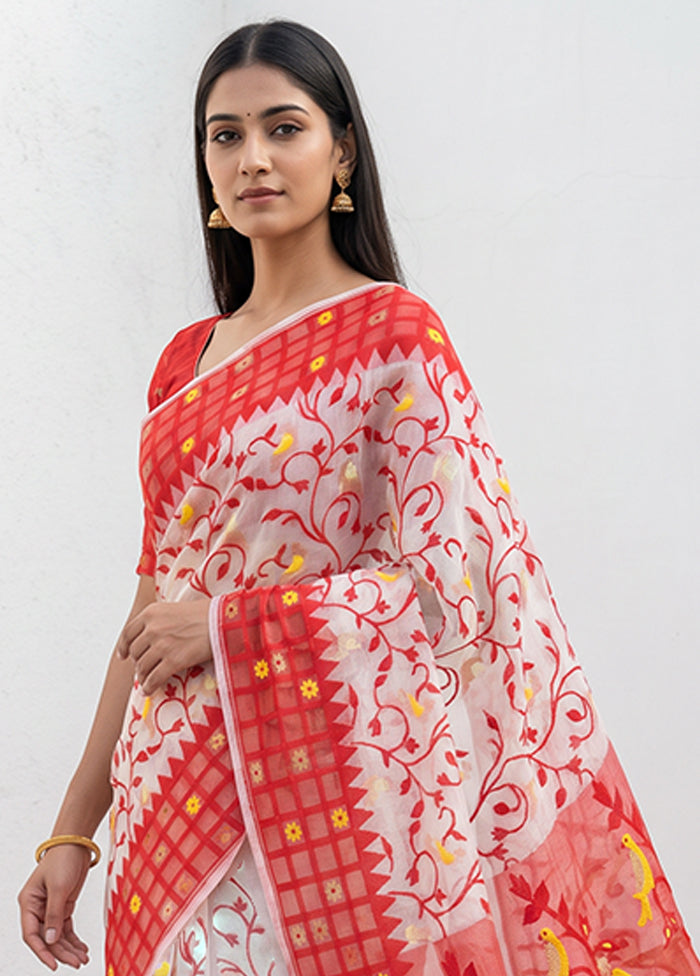 Red Jamdani Cotton Saree Without Blouse Piece