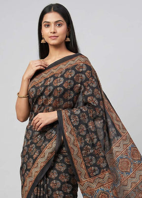 Black Printed Silk Saree Without Blouse Piece