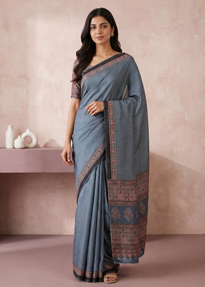 Blue Printed Silk Saree Without Blouse Piece