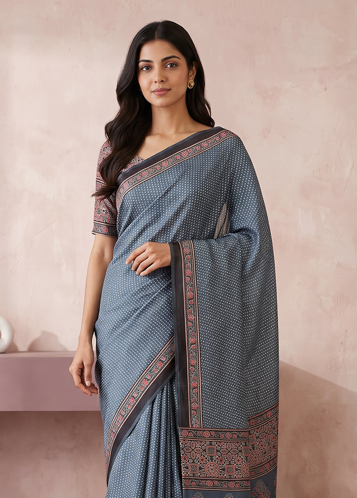 Blue Printed Silk Saree Without Blouse Piece