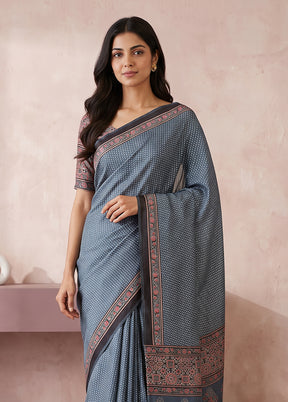 Blue Printed Silk Saree Without Blouse Piece