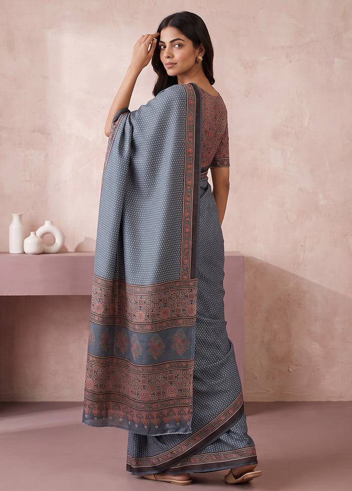 Blue Printed Silk Saree Without Blouse Piece