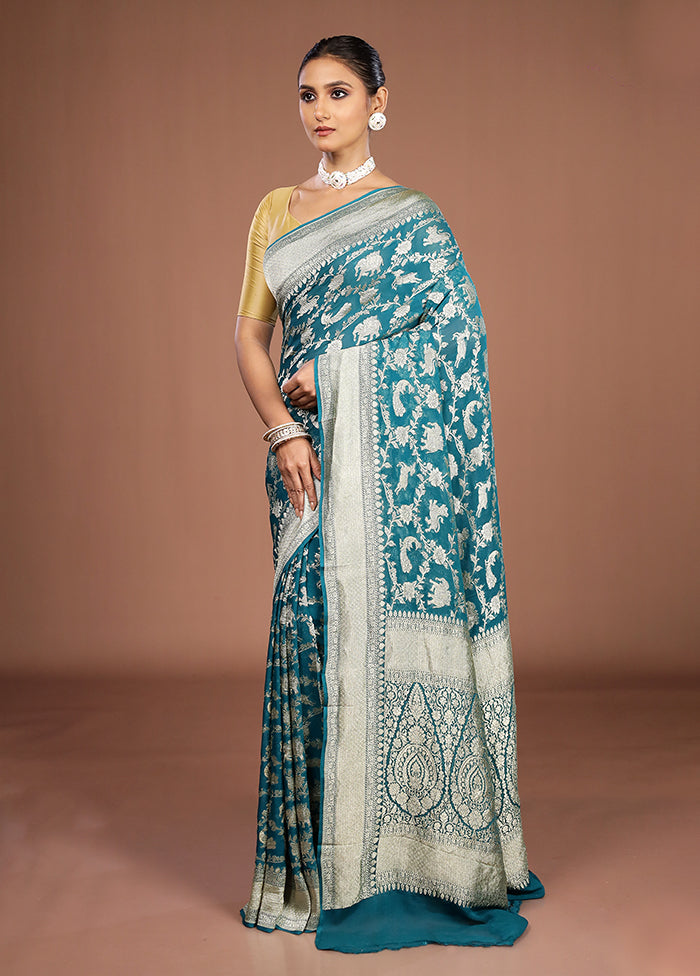 Green Handloom Pure Georgette Saree With Blouse Piece