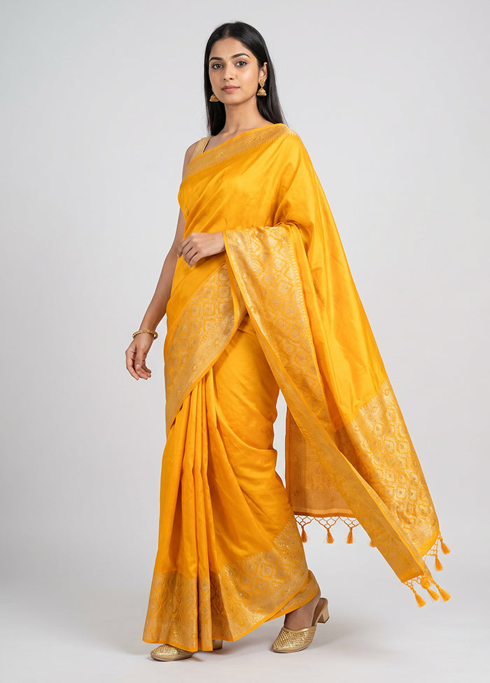 Yellow Dupion Silk Saree With Blouse Piece