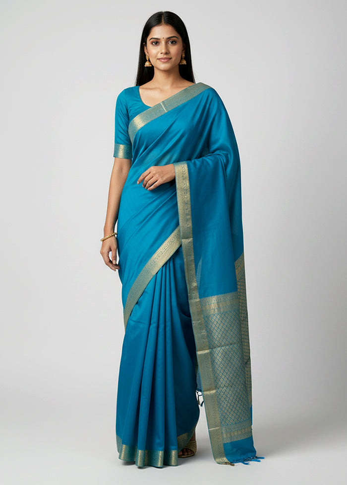 Blue Handloom Kanjivaram Pure Silk Saree With Blouse Piece