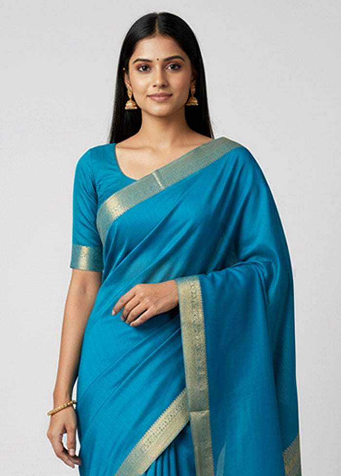 Blue Handloom Kanjivaram Pure Silk Saree With Blouse Piece