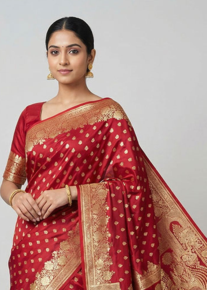 Red Banarasi Silk Saree With Blouse Piece
